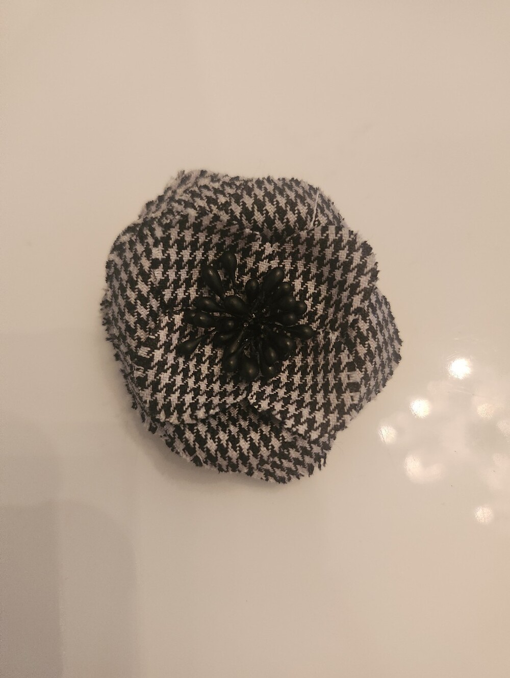 Vimtage Black & White Houndstooth Fabric Flower Clip with Black Bead Center